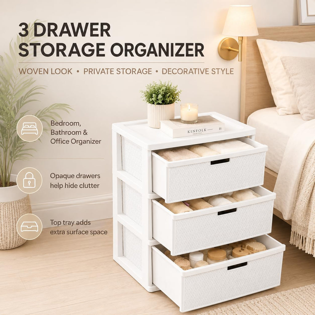 Wide 3-Drawer Plastic Storage Tower with Removable Bins I713
