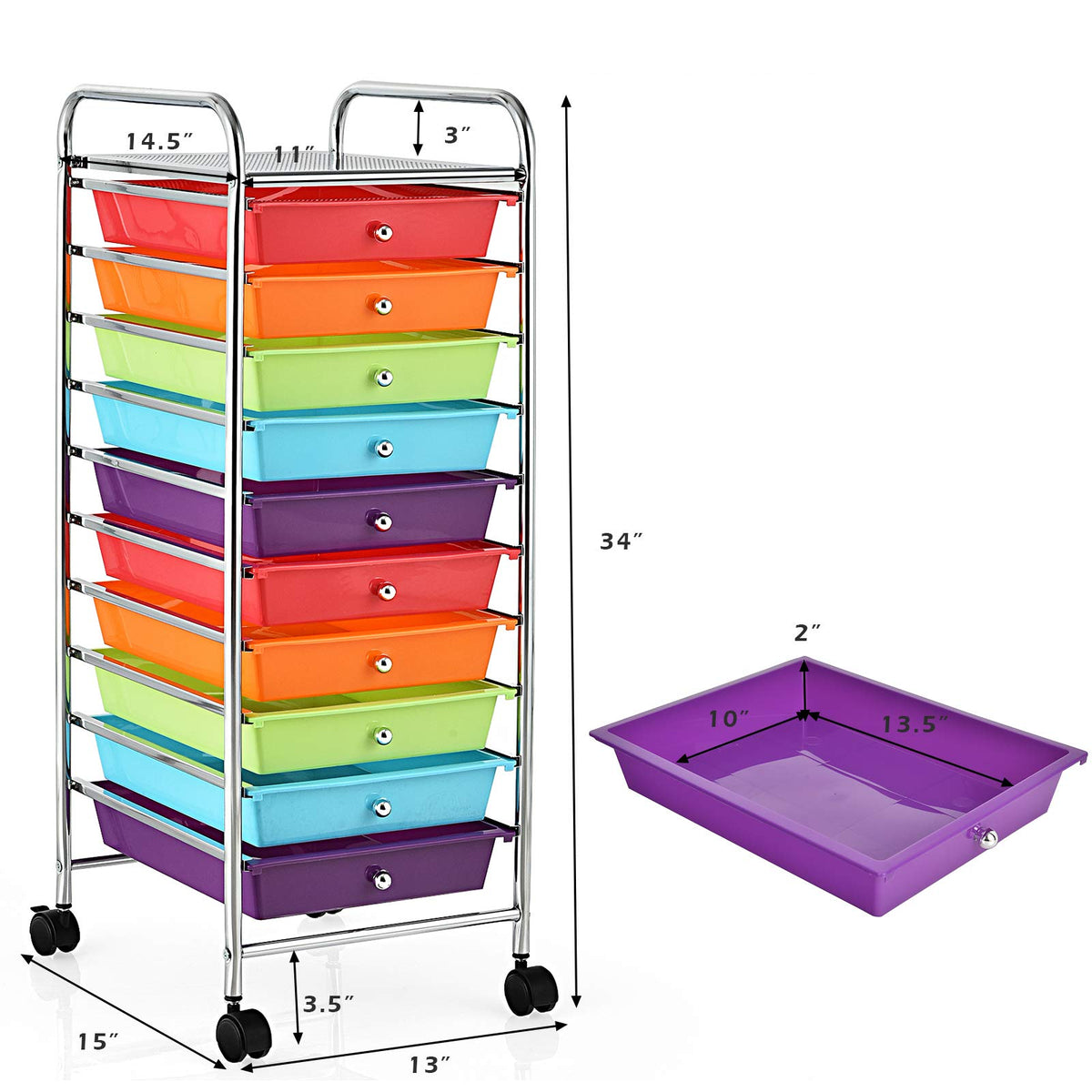 10 Drawer Multicolor Alloy Steel Storage Cart V3669