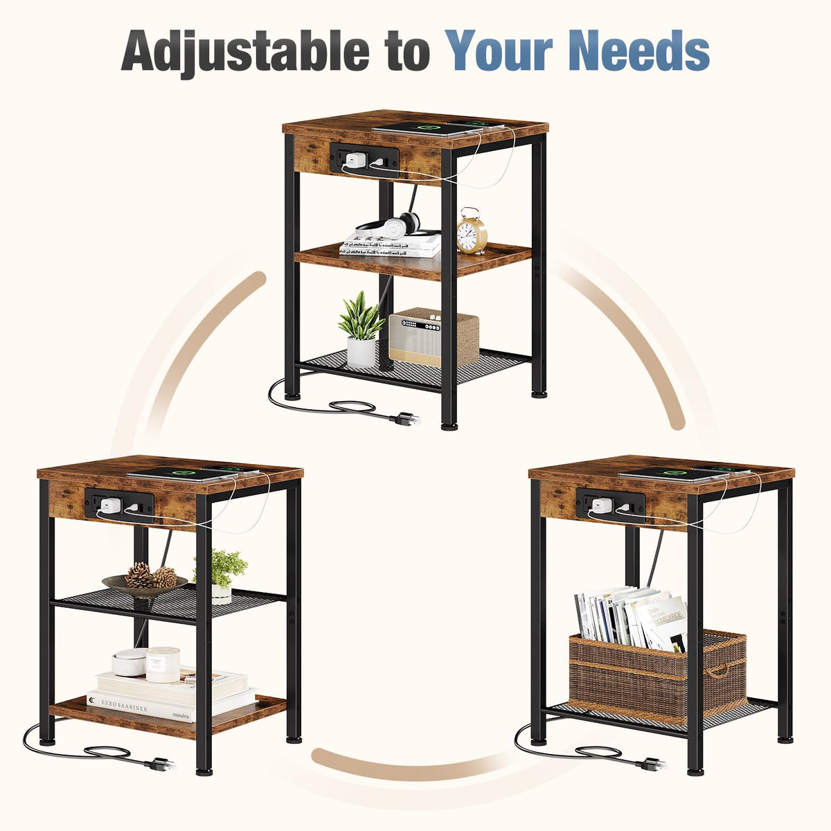 Nightstand with Charging Station, 3-Tier Bedside Table H683