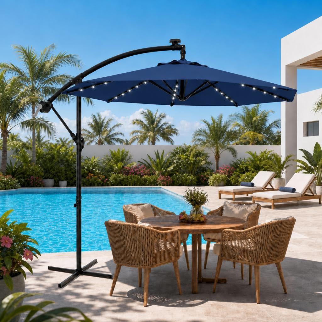 10 ft Solar Light Patio Umbrella with Crank Lift and Cross Base S560