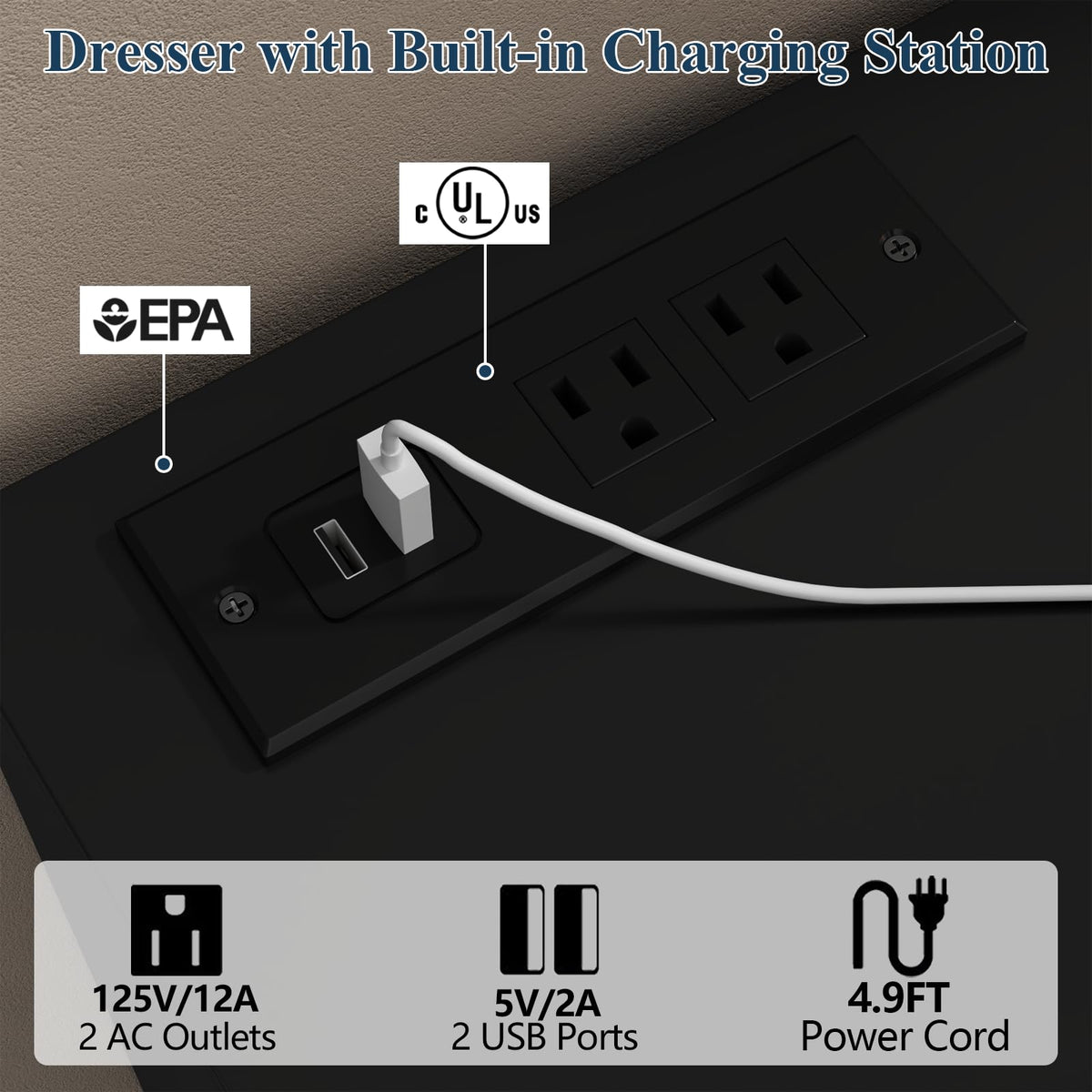 6 Drawer Dresser with Power Outlet and LED Lights Z528