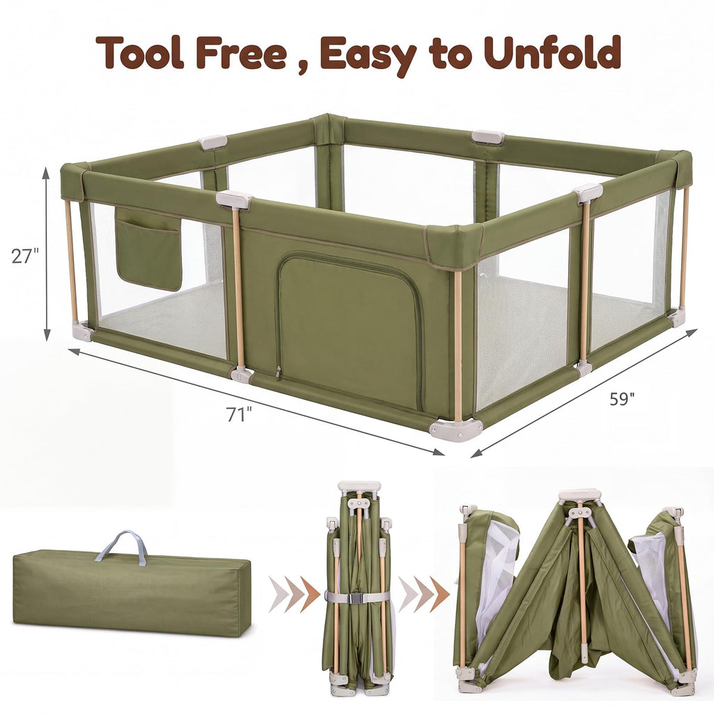 Foldable Baby Playpen with Mat, Breathable Mesh Green 71"×59" E7116