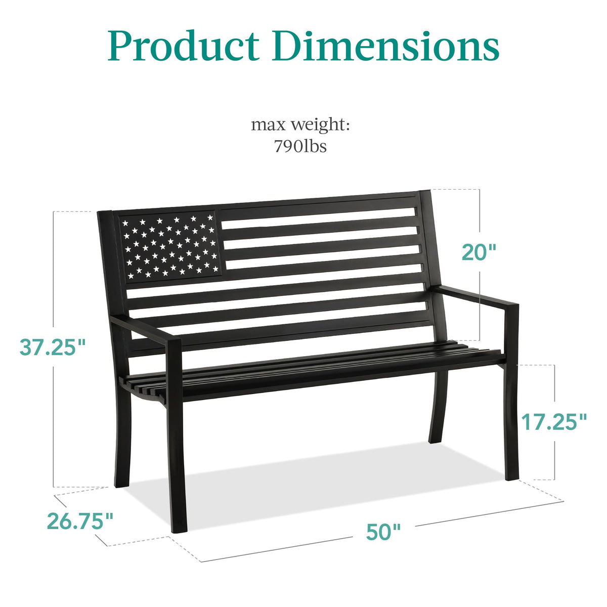 2-Person Steel Indoor/Outdoor Bench with American Flag, 790lb Capacity - Black J8872