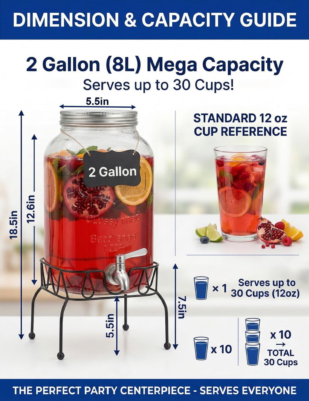 2 Gallon Glass Drink Dispenser with Stand and Lid T748