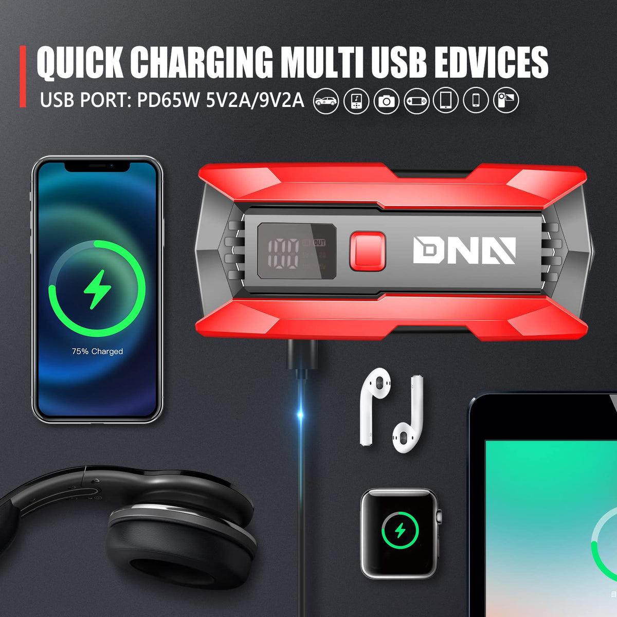 12V 2000A Peak Portable Car Battery Jump Starter with Carry Case W7171