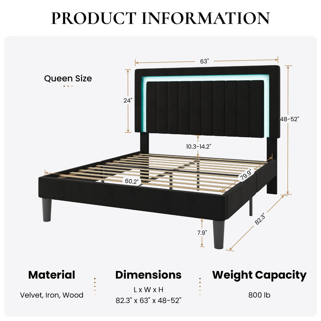 Queen Size Black Velvet Bed Frame with LED Light F66113