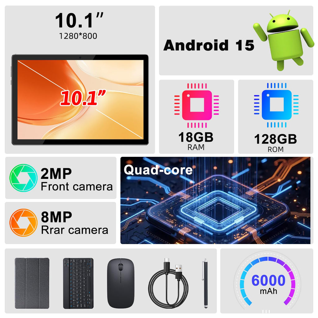 Android 15 10 Inch 18GB RAM 128GB ROM Tablet with Keyboard Case Mouse Stylus R591649