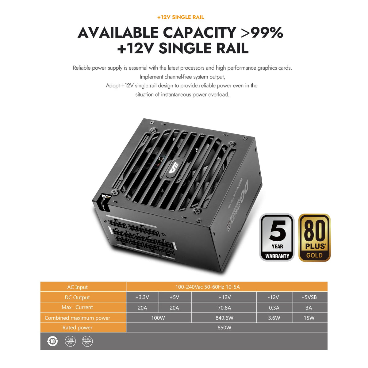 750W 80 Plus Gold ATX 3.1 PCIe 5.1 PC Power Supply, Black C22799