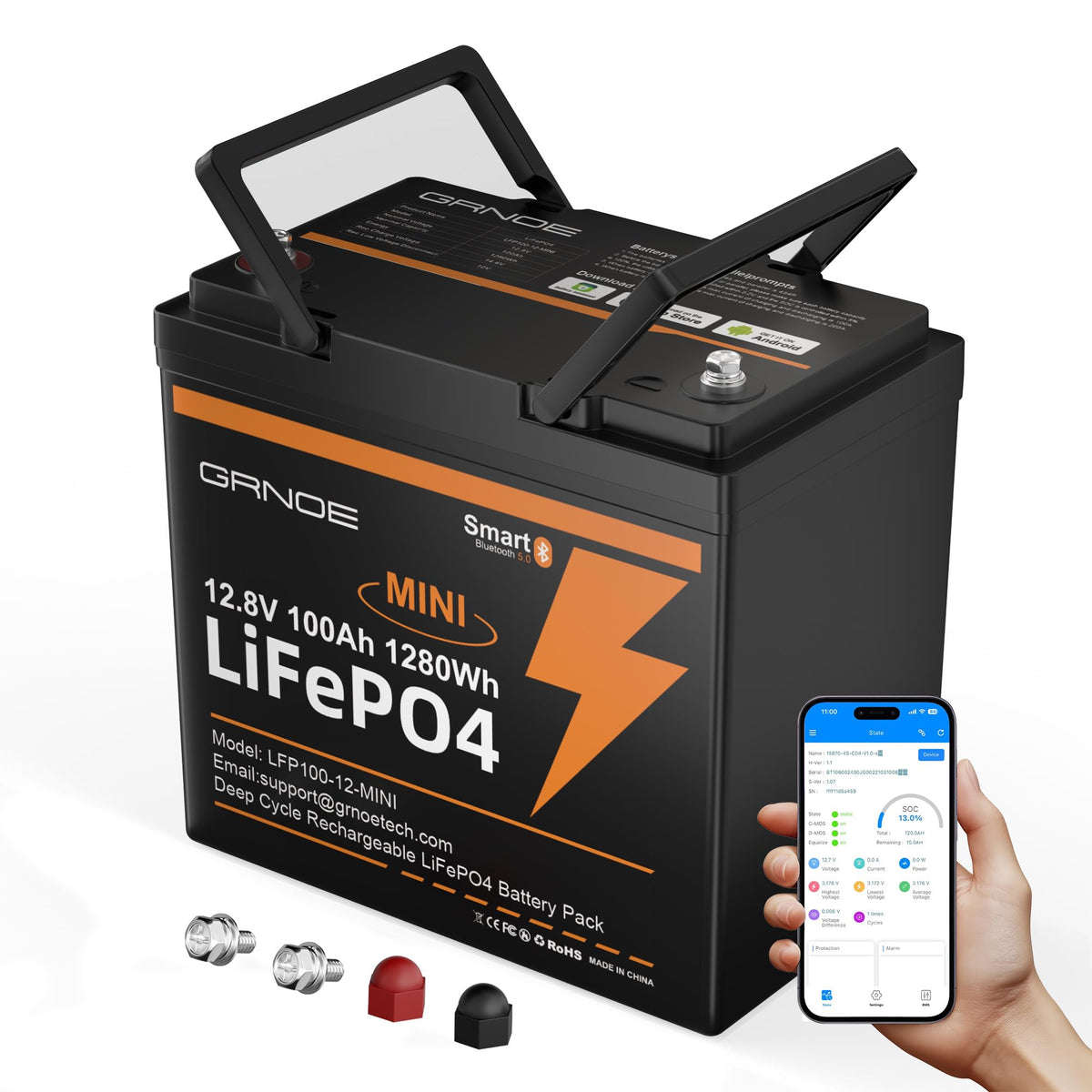 12V 100Ah Mini LiFePO4 Lithium Battery with Bluetooth, Smart BMS V85841