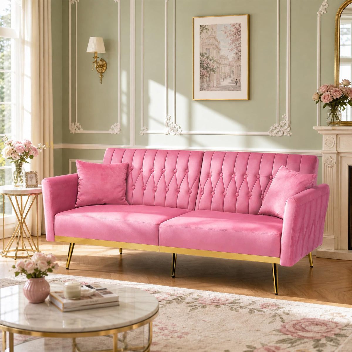 Pink Velvet Futon Sofa Bed H58358