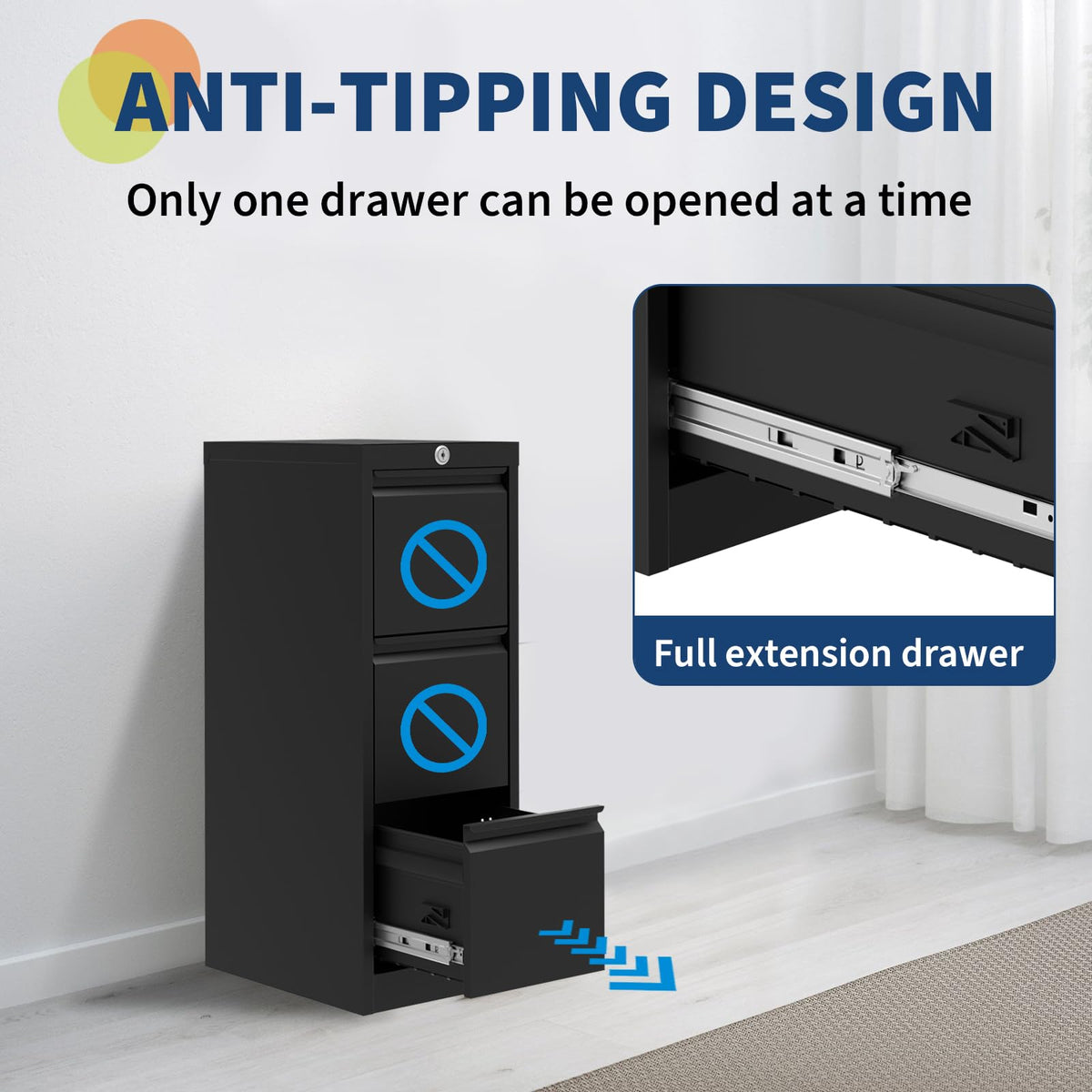 3 Drawer Metal File Cabinet with Lock, Black L60462