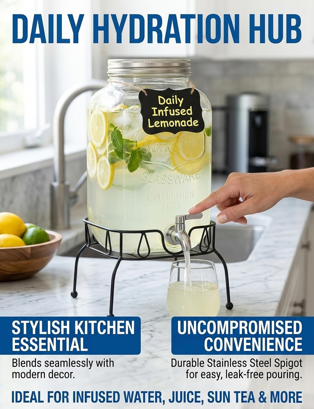 2 Gallon Glass Drink Dispenser with Stand and Lid T748