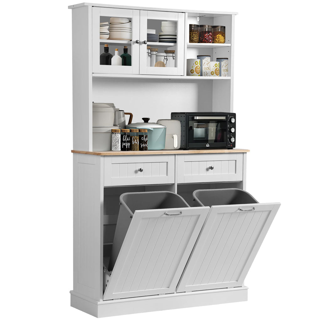 68.4" White Kitchen Pantry Storage Cabinet with Shelf, 2 Drawers and Tilt Out Trash Cabinet P33332