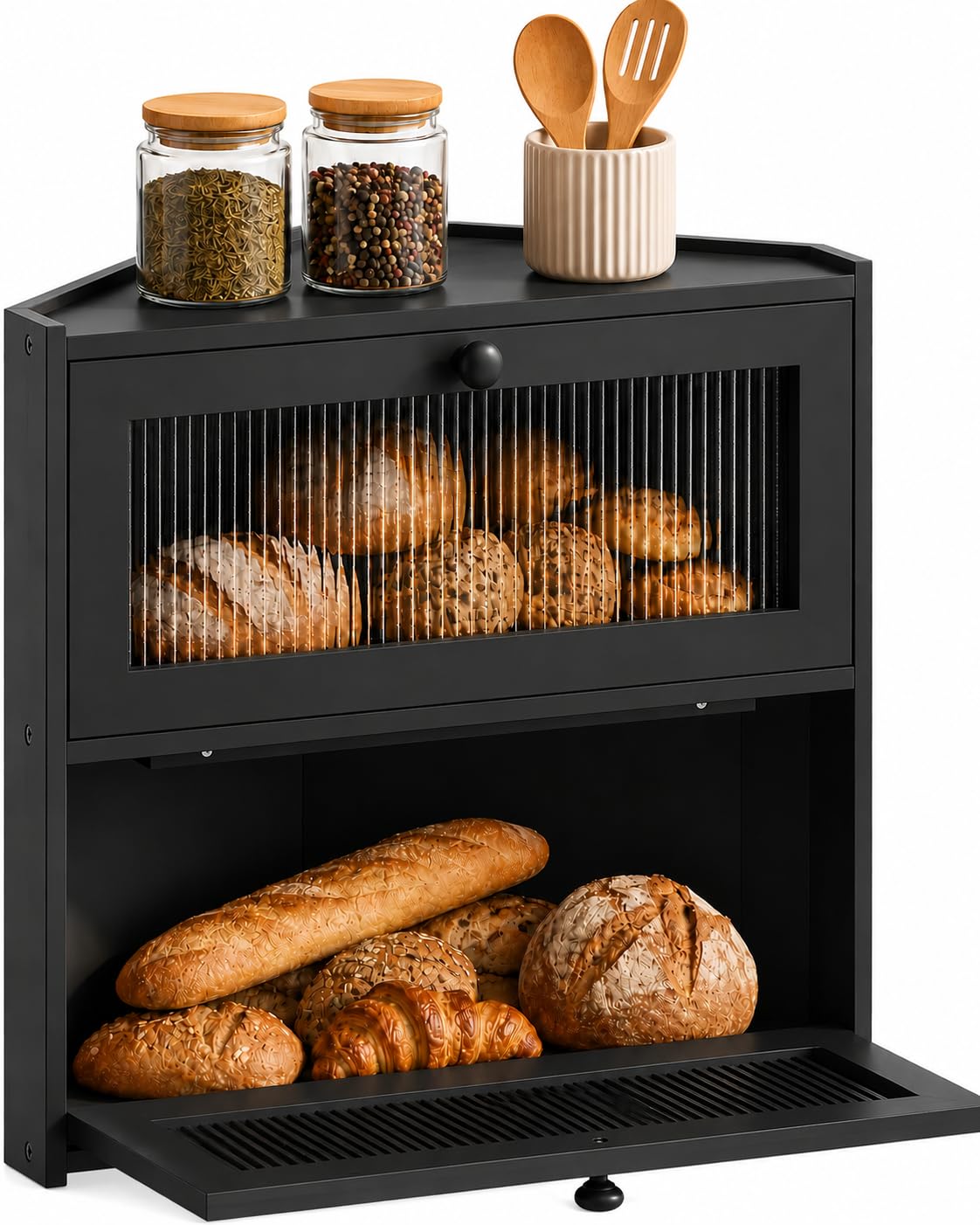 Double Layer Bamboo Bread Box with Wavy Windows Z903