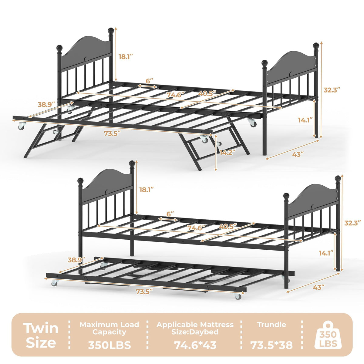 Black Daybed with Pop Up Trundle R5522