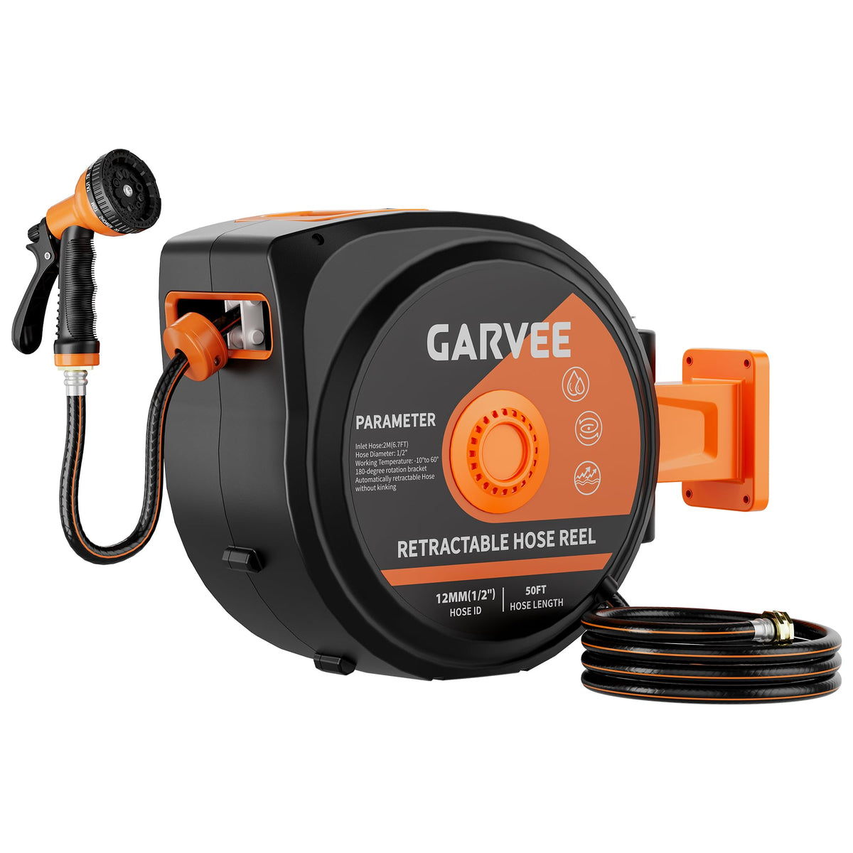 1/2 Inch x 50 ft Wall Mounted Garden Hose Reel with 10 Patterns Nozzle B94953