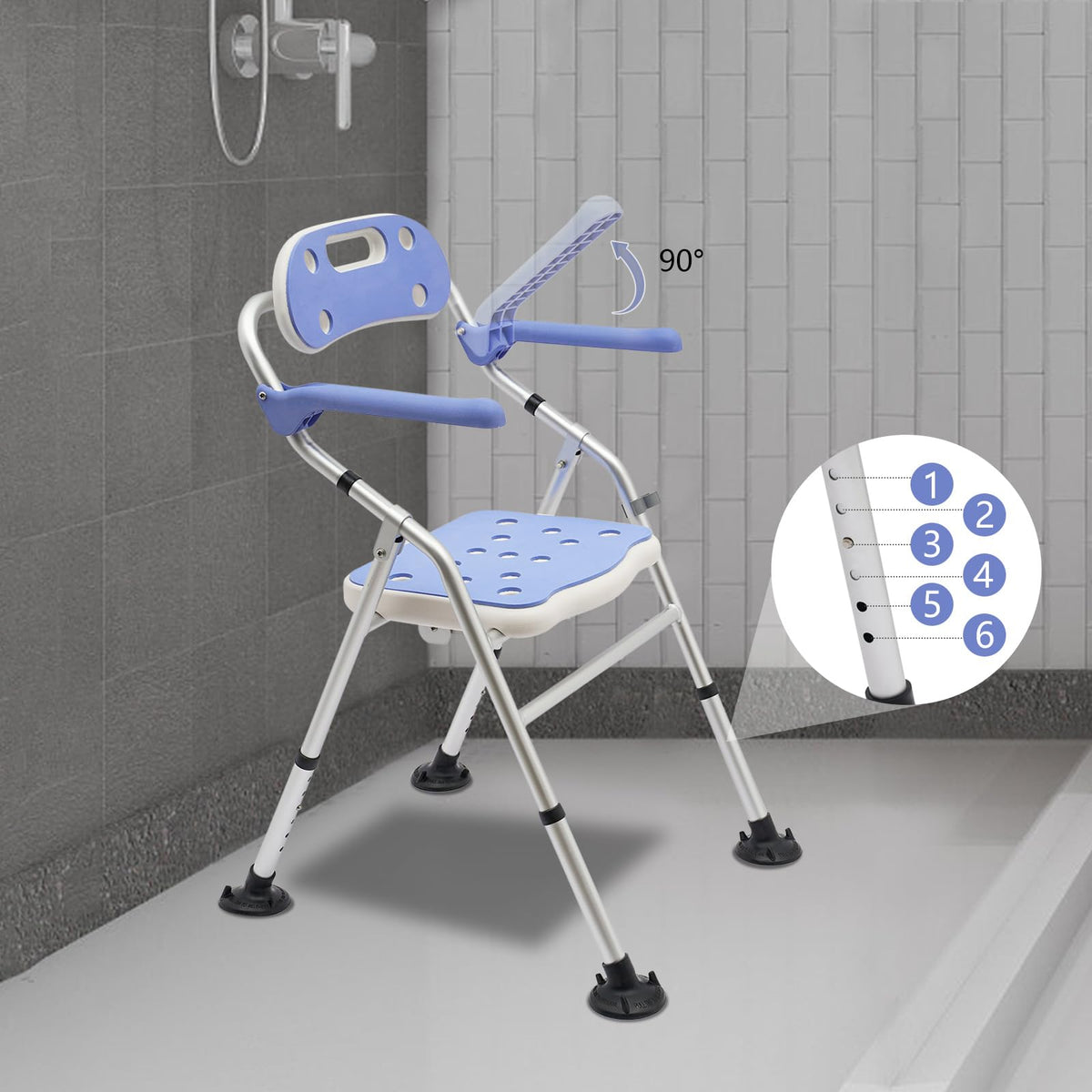 Folding Shower Seat with Arms and Back, Height Adjustable Non-Slip Bath Bench, 330lbs Capacity, Blue W25445