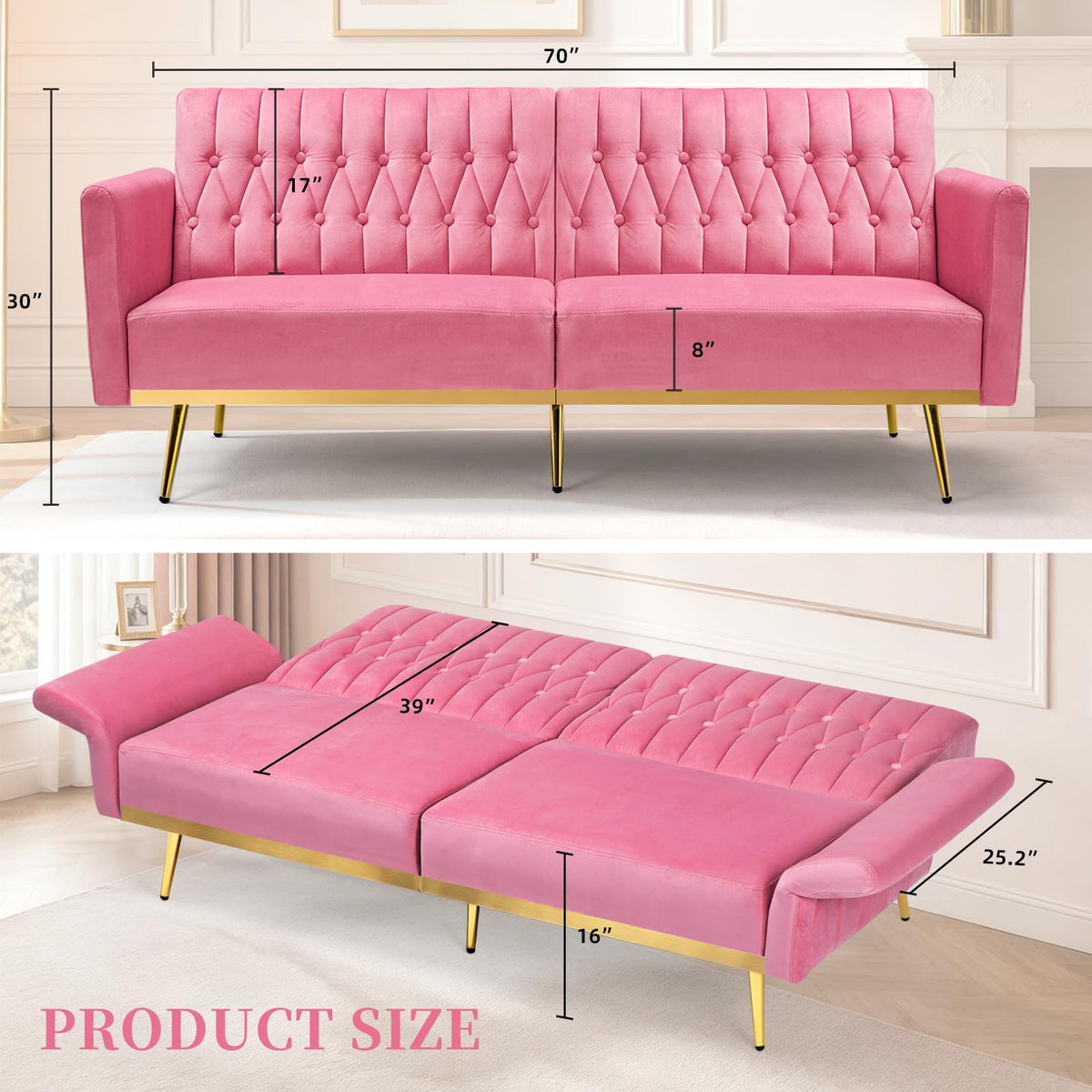 Pink Velvet Futon Sofa Bed H58358