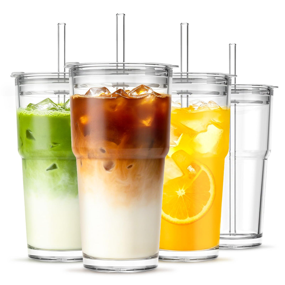 20 oz Iced Coffee Cups with Lids and Straw, Set of 4 Glass Tumbler C49480