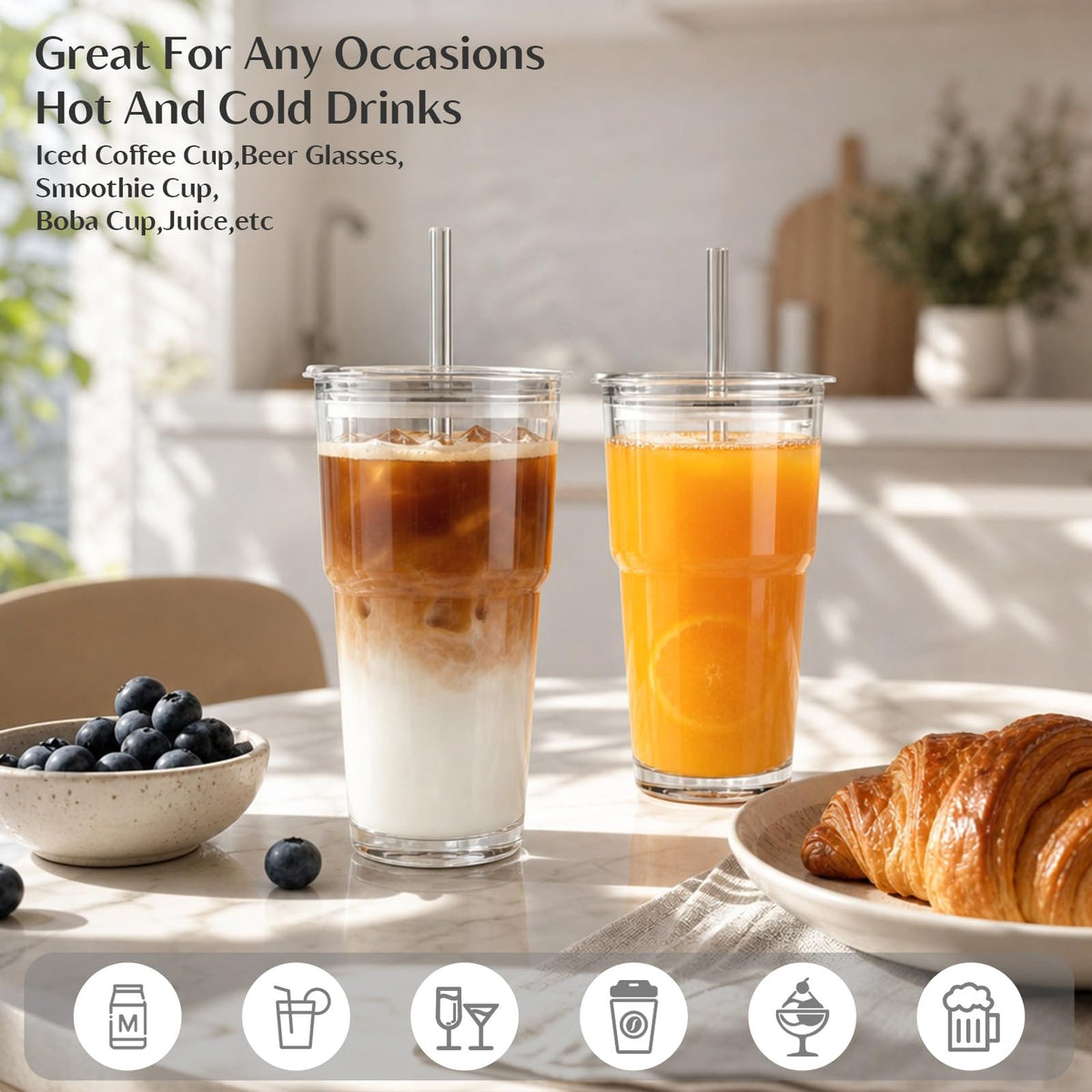 20 oz Iced Coffee Cups with Lids and Straw, Set of 4 Glass Tumbler C49480