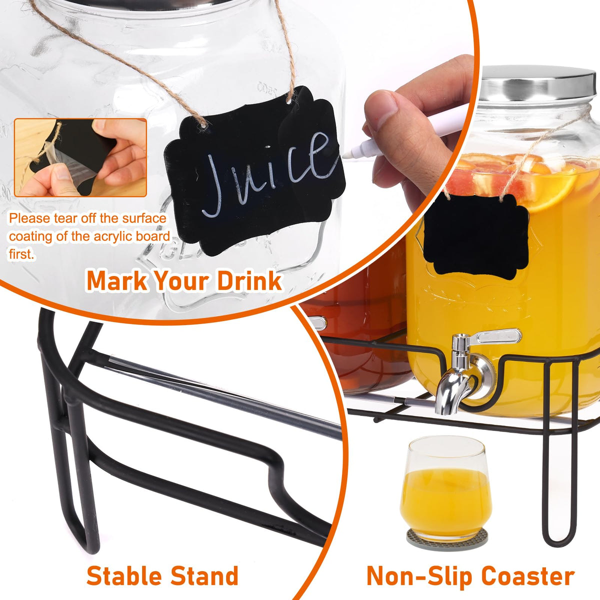 2 Pack 1 Gallon Glass Drink Dispensers with Stand & Spout Q319592
