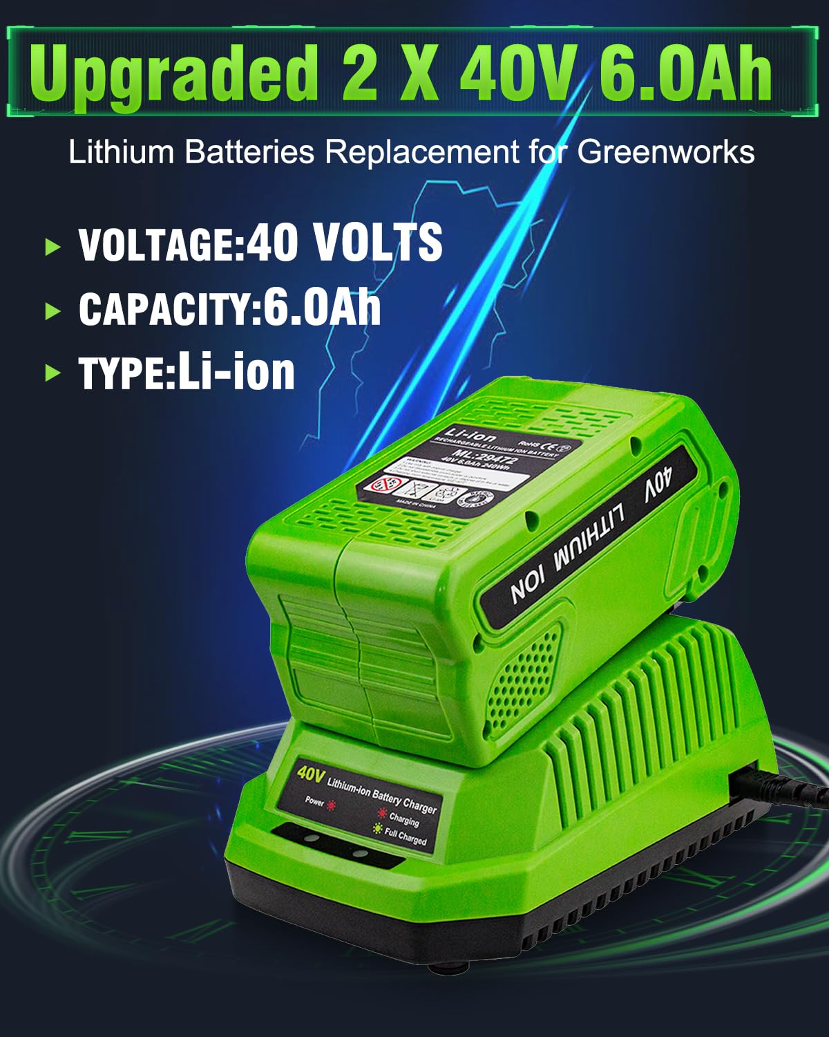 40V 6.0Ah Replacement Battery and Charger V703386