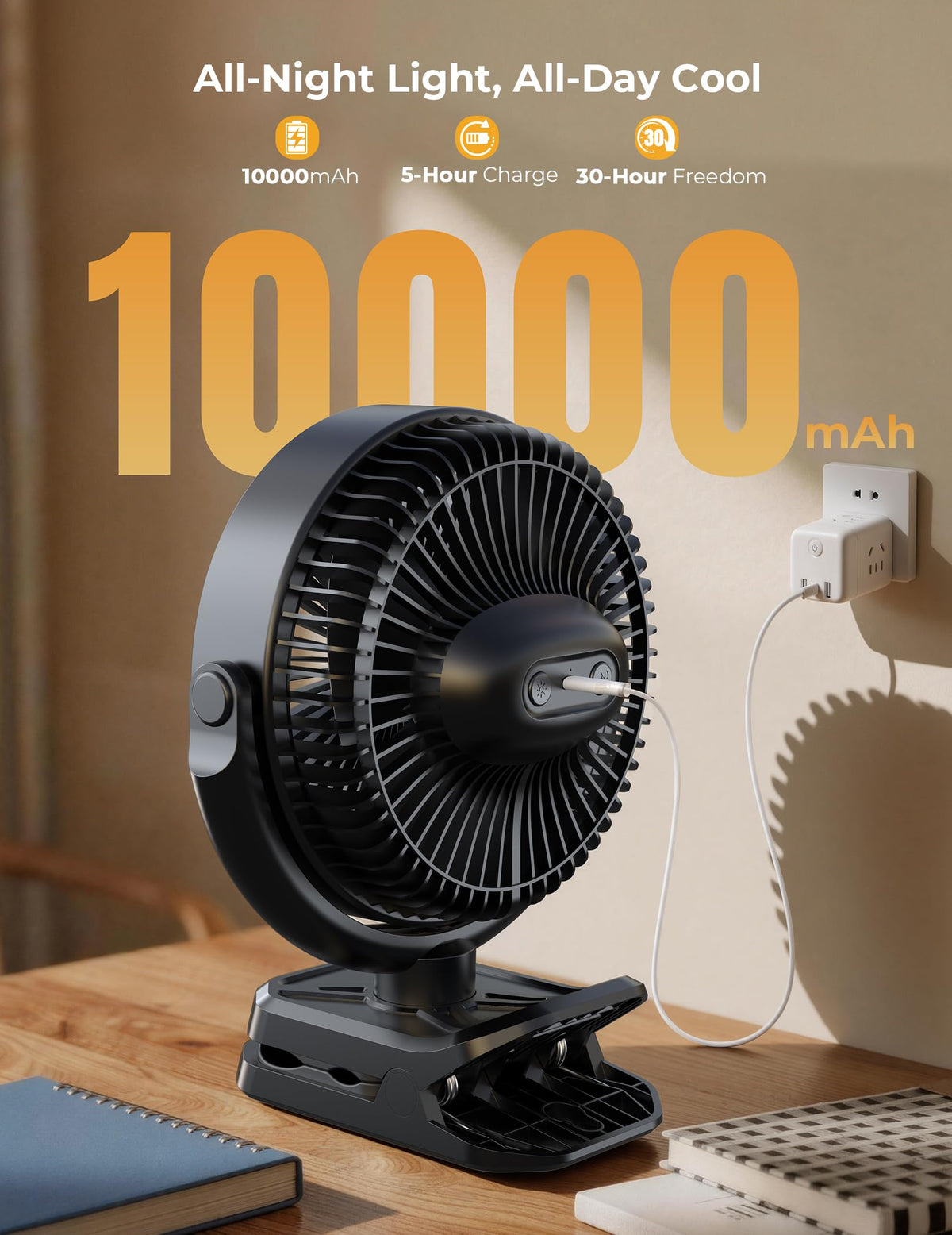 10000mAh Rechargeable 8 Inch Clip on Fan Black T769954
