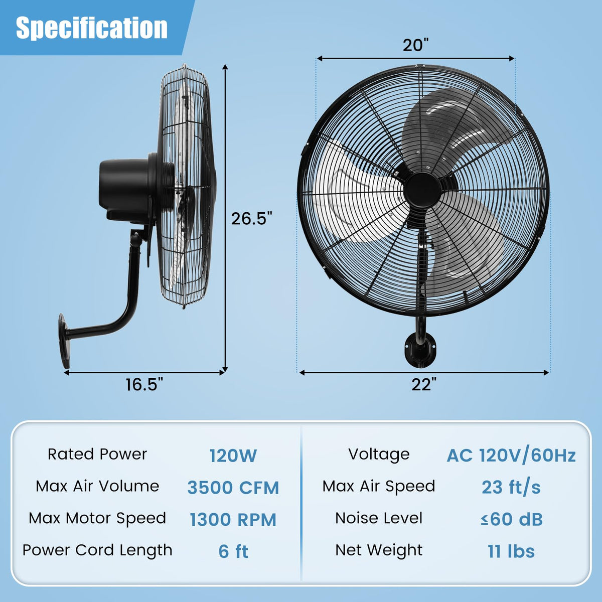 20 Inch 3-Speed Oscillating Metal Wall Fan N83350