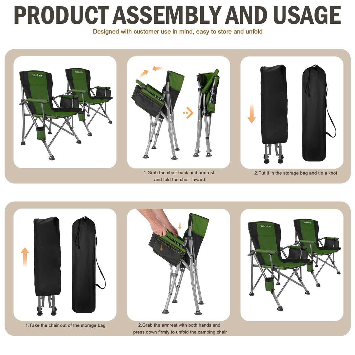 2 Pack Green Folding Camping Chair with Cup Holder and Storage Bag V923005