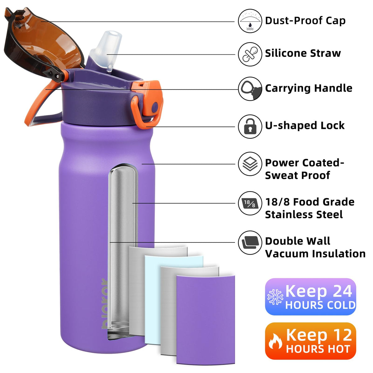 18 oz Insulated Stainless Water Bottle with Straw & Handle W292