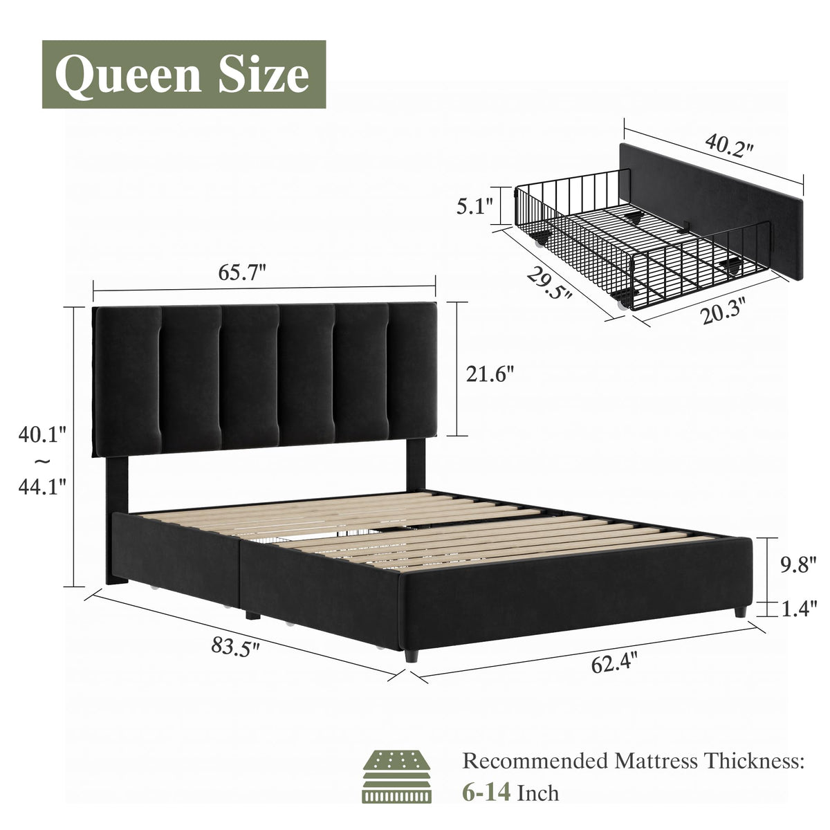Queen Size Black Bed Frame with 4 Storage Drawers O124722