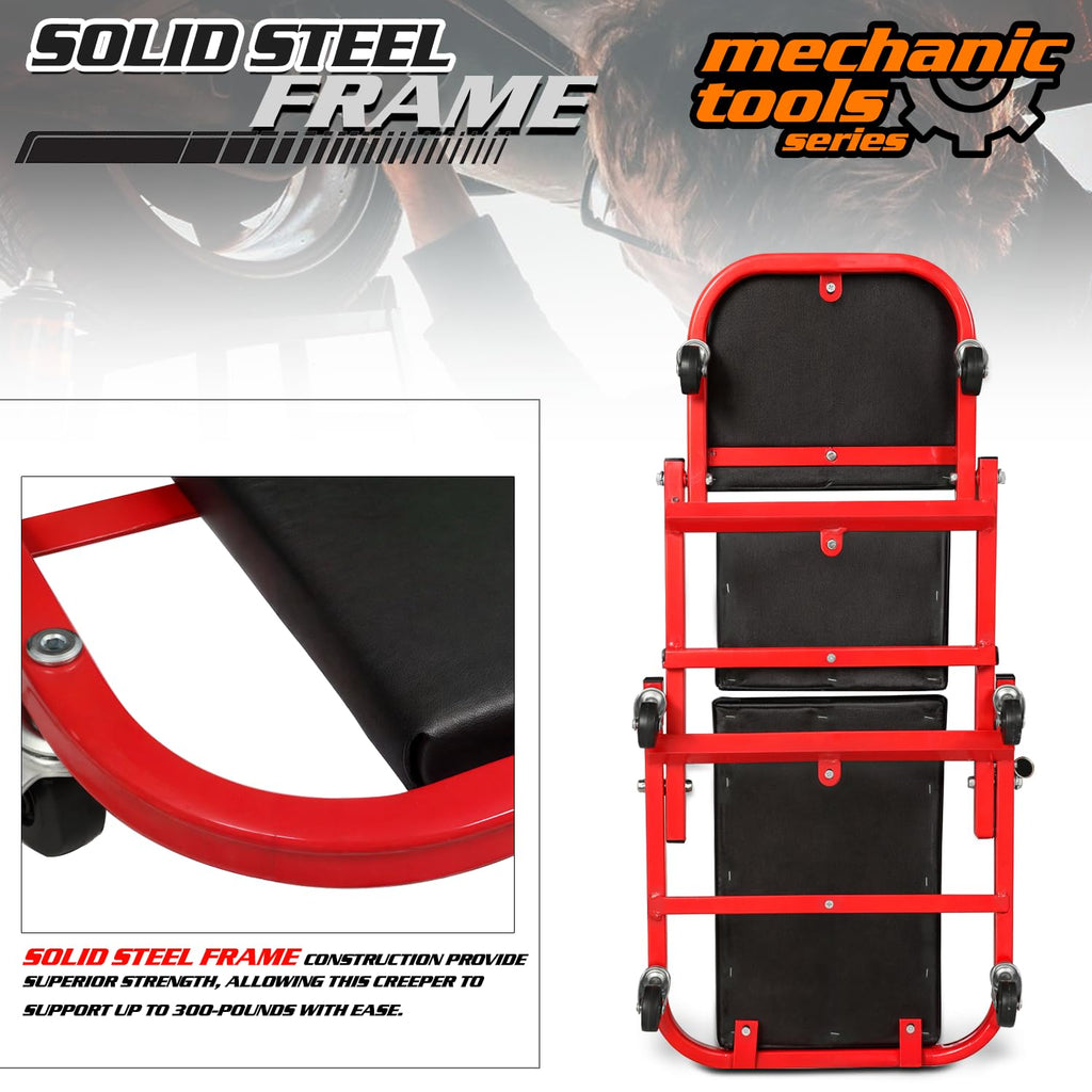 40-Inch Folding Creeper Rolling Seat, 330LBS Capacity with 6 Swivel Casters, Red Q78622
