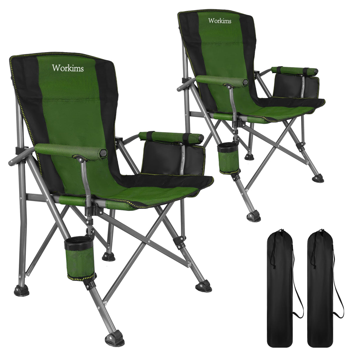 2 Pack Green Folding Camping Chair with Cup Holder and Storage Bag V923005