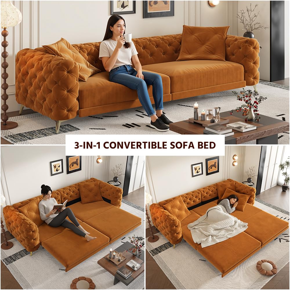 Orange Velvet Convertible Sleeper Sofa with Ottoman J949000