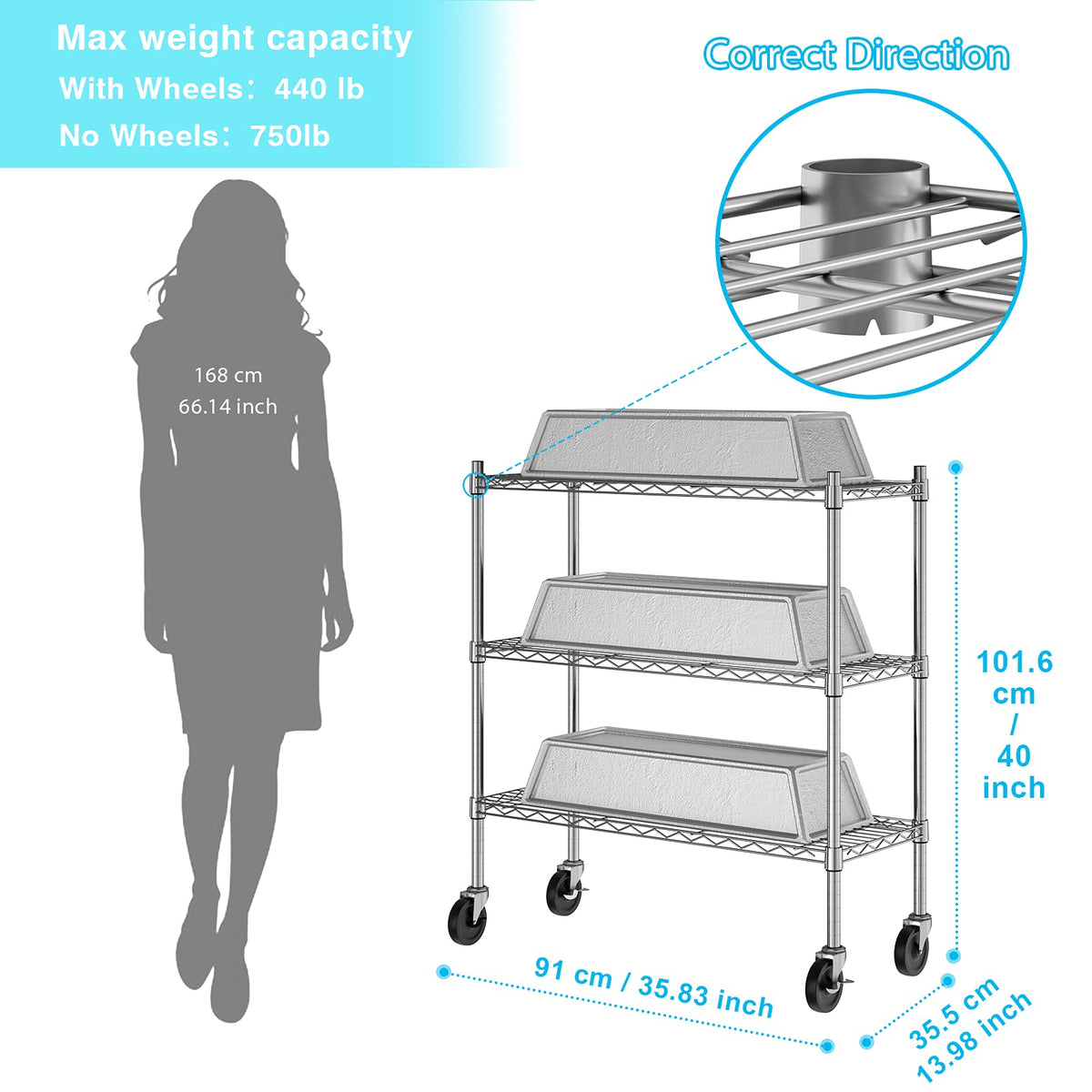 3-Tier Heavy Duty Metal Storage Shelves with Casters M824074