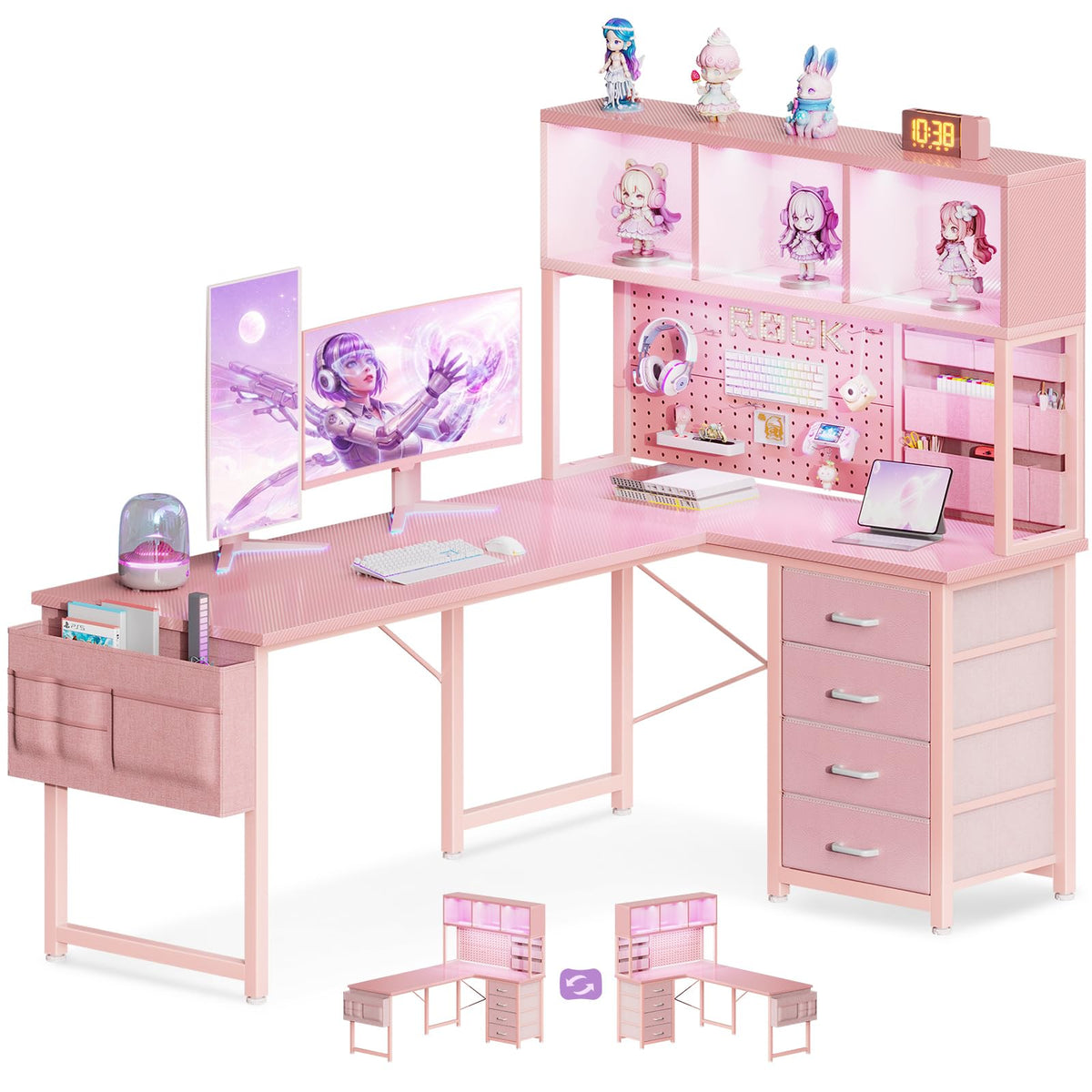 53" L Shaped Gaming Desk with Pegboard, Hutch & 4 Drawers, Pink J732
