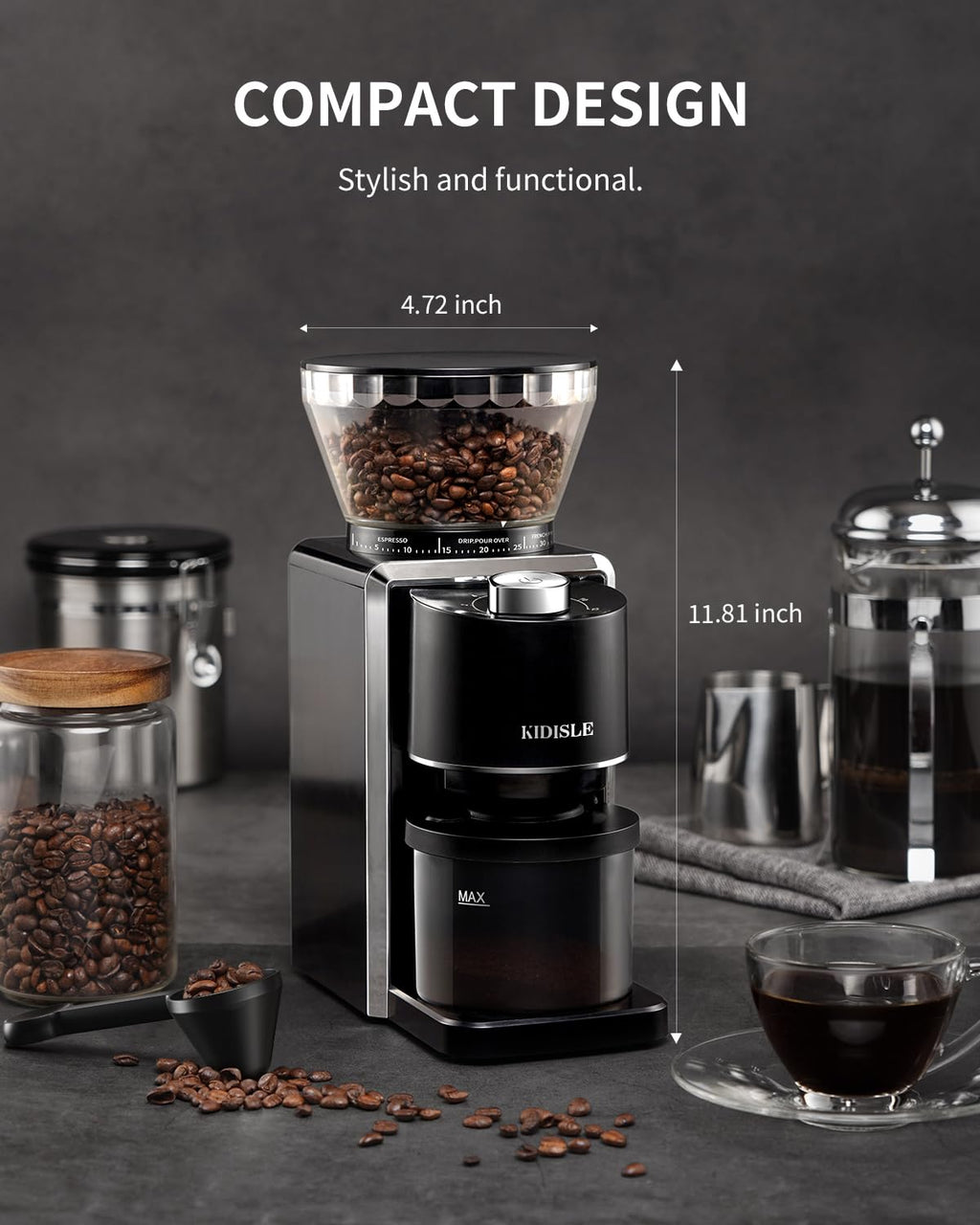 Conical Burr Coffee Bean Grinder, 35 Settings, Anti-Static, Black R68082