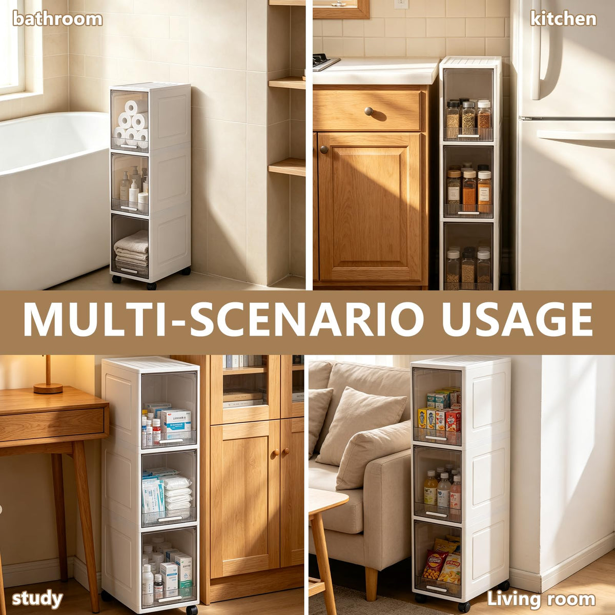 Narrow 3 Tier Bathroom Storage Cabinet with Wheels W8264