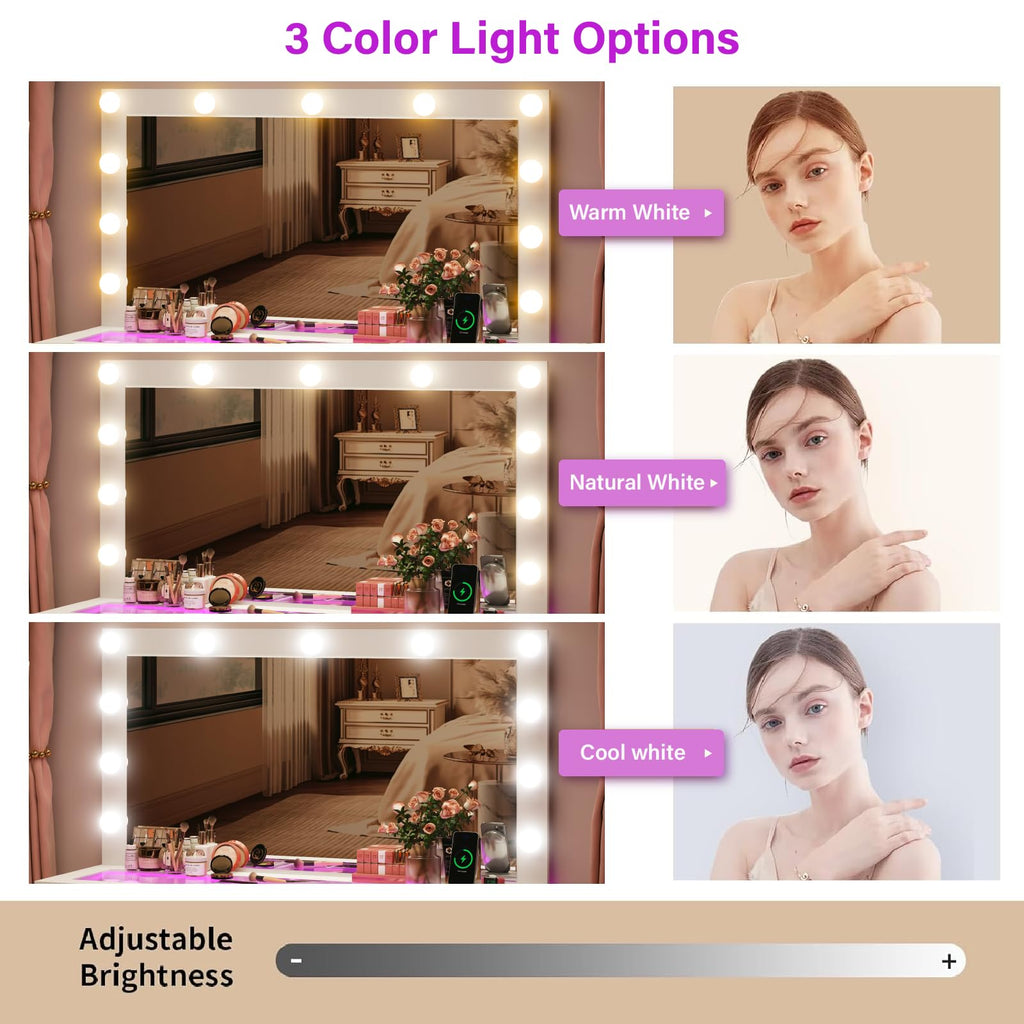 45" Large White Vanity Desk with RGB Lighting Y1296