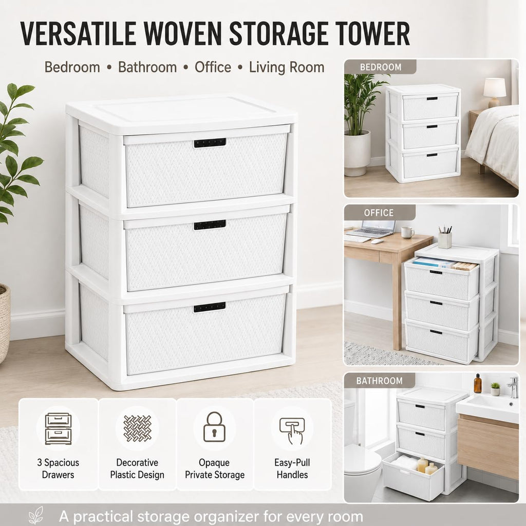 Wide 3-Drawer Plastic Storage Tower with Removable Bins I713