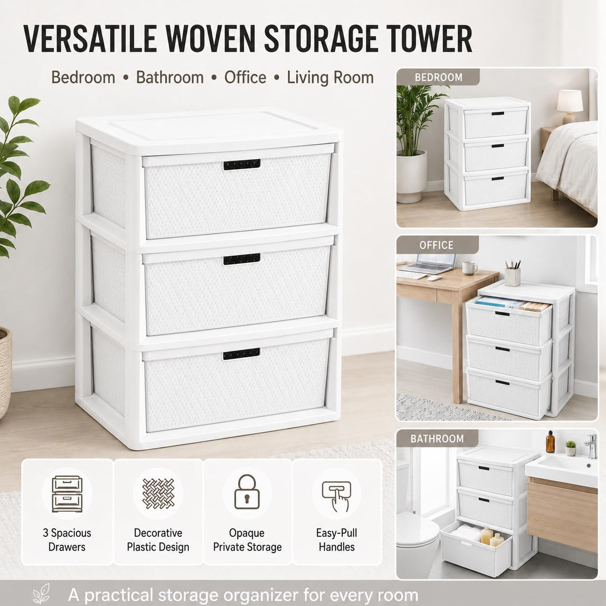Wide 3-Drawer Plastic Storage Tower with Removable Bins I713
