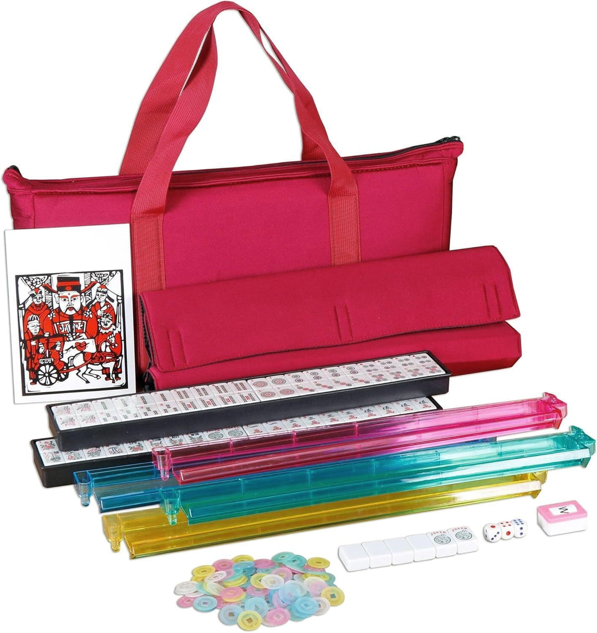 166 Tiles 4 Colors Mahjong Set with Rack Pushers Soft Bag K301