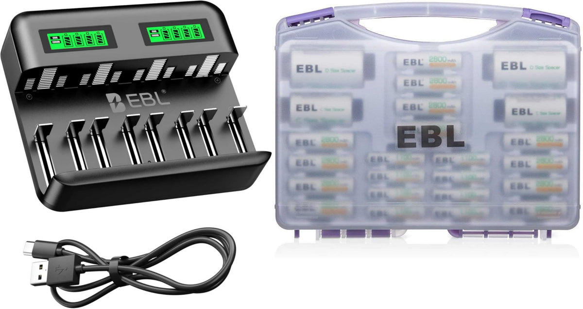 8 Bay LCD Battery Charger with 12 AA and 8 AAA Batteries S676481