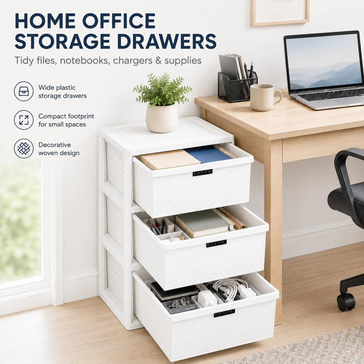 Wide 3-Drawer Plastic Storage Tower with Removable Bins I713