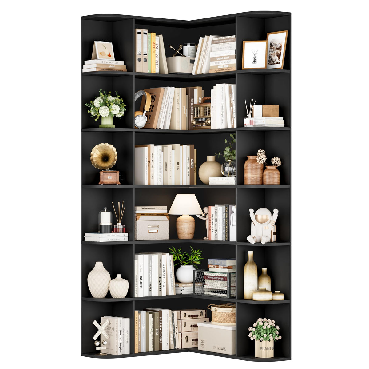 72" Tall 6-Tier Black Corner Bookshelf N492