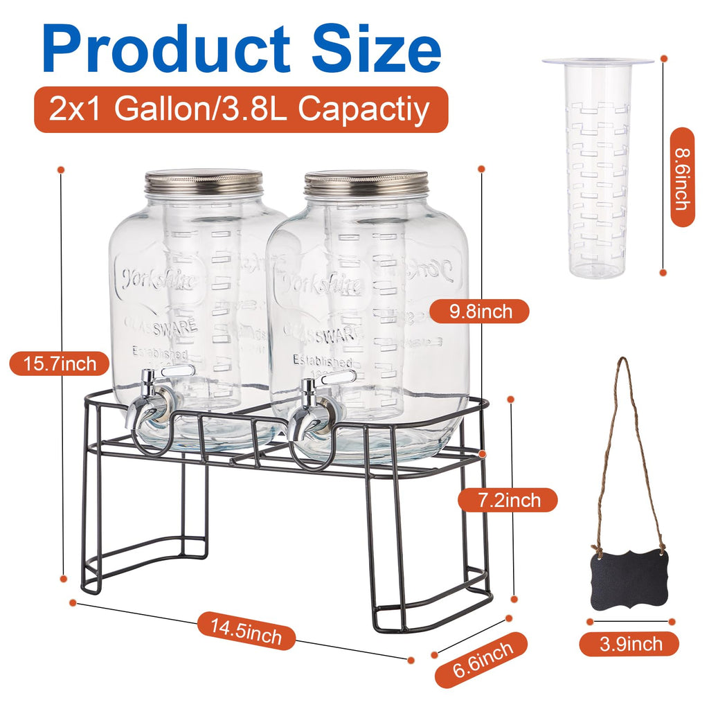 1 Gallon Glass Drink Dispenser with Stand, 2 Pack T215716