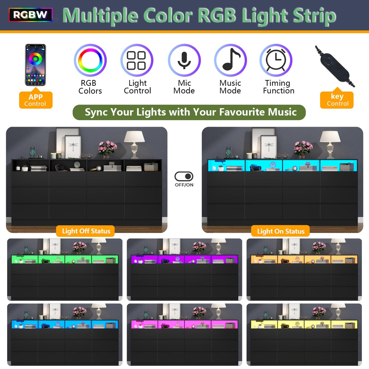 6 Drawer Dresser with Power Outlet and LED Lights Z528