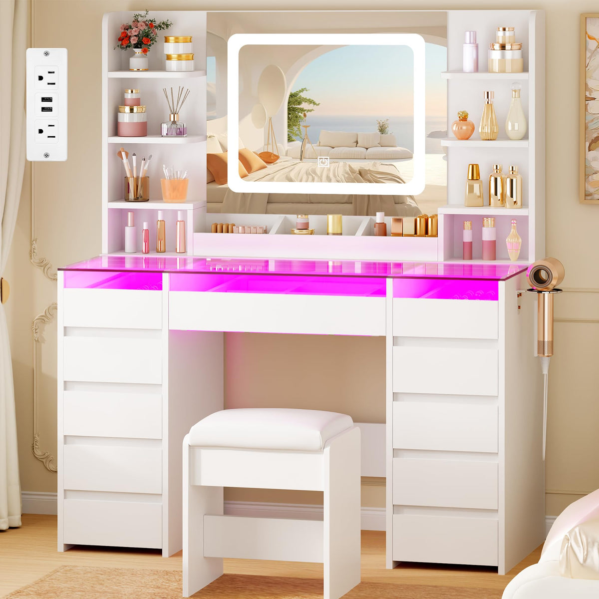 Glass Top Vanity Desk with Mirror and Stool C76429
