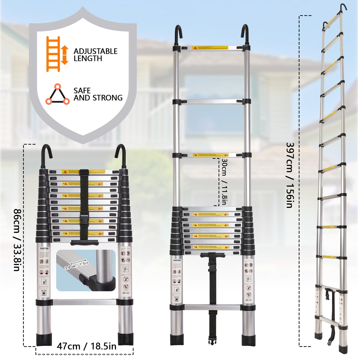 12.5 FT Aluminum Telescoping Ladder with 2 Hooks Y919