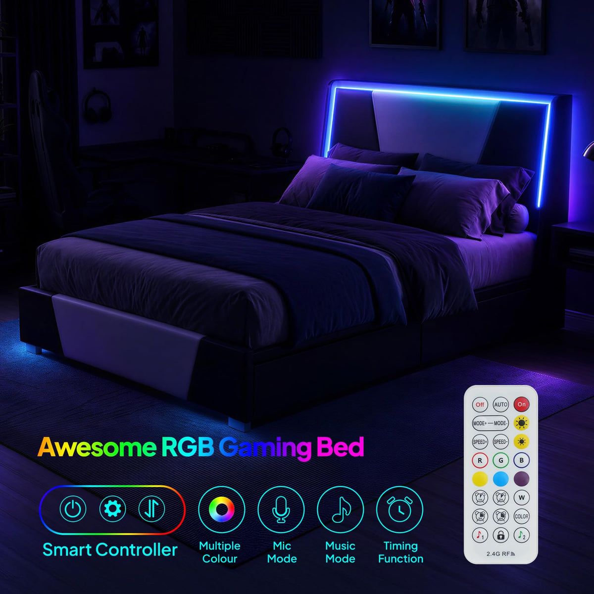 Full Size Bed Frame with Led Lights and 4 Storage Drawers G395442